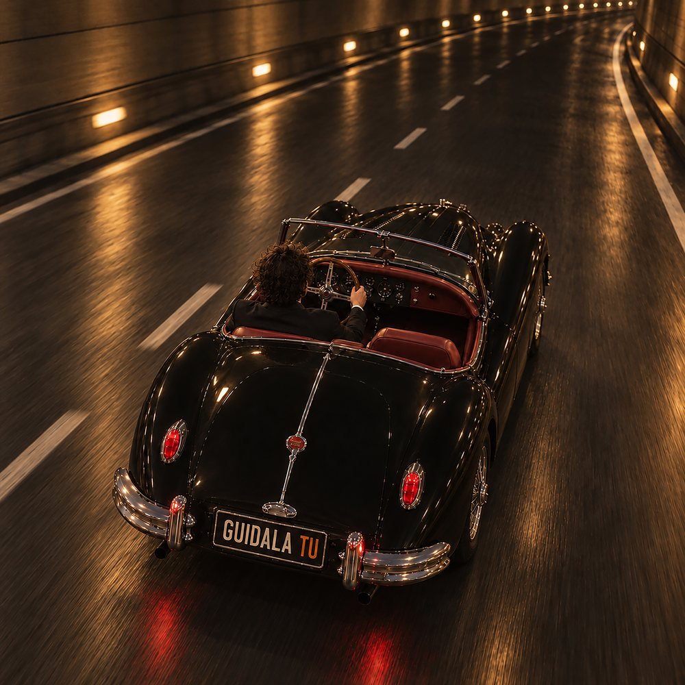 Copertina di Guidala tu: la Jaguar nera vista dall'alto nel tunnel.